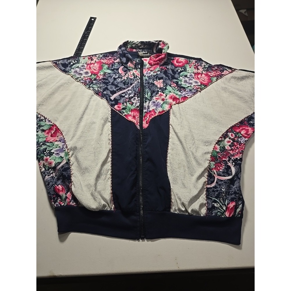 Silver Threads Vintage Jacket Womens OS Navy Blue Floral Paisley Zip Up Exc